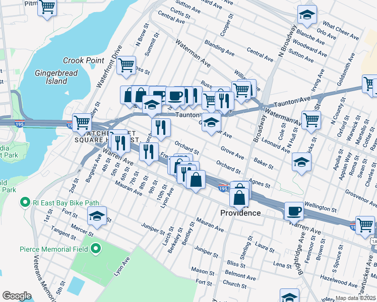map of restaurants, bars, coffee shops, grocery stores, and more near 14 Lyon Avenue in East Providence