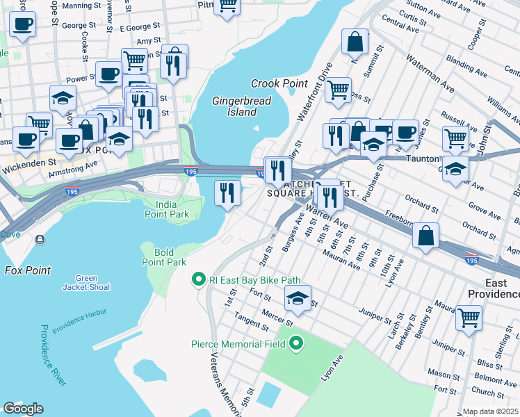 map of restaurants, bars, coffee shops, grocery stores, and more near 10 Mauran Avenue in East Providence