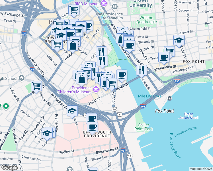 map of restaurants, bars, coffee shops, grocery stores, and more near in Providence