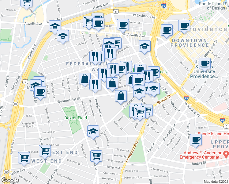 map of restaurants, bars, coffee shops, grocery stores, and more near 1009 Westminster Street in Providence