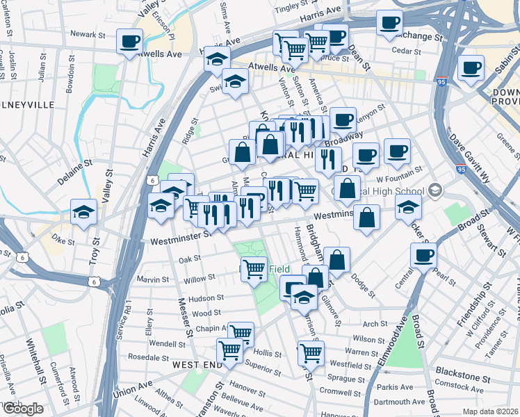 map of restaurants, bars, coffee shops, grocery stores, and more near in Providence