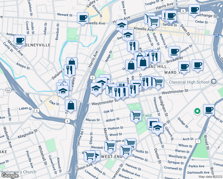 map of restaurants, bars, coffee shops, grocery stores, and more near 114 Tobey Street in Providence