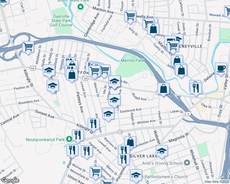 map of restaurants, bars, coffee shops, grocery stores, and more near 40 Laurel Hill Avenue in Providence