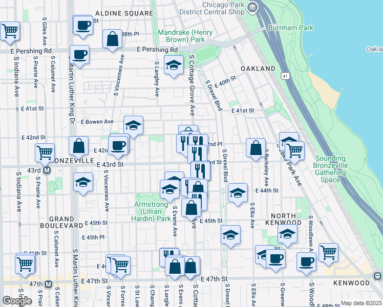map of restaurants, bars, coffee shops, grocery stores, and more near 4251 South Evans Avenue in Chicago