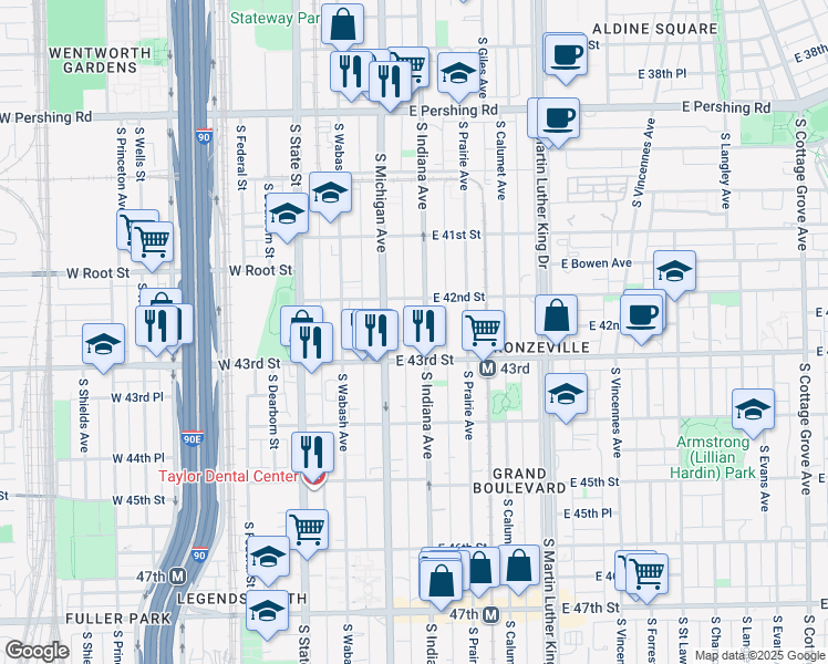 map of restaurants, bars, coffee shops, grocery stores, and more near 4243 South Michigan Avenue in Chicago
