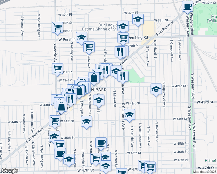 map of restaurants, bars, coffee shops, grocery stores, and more near 4206 South Mozart Street in Chicago