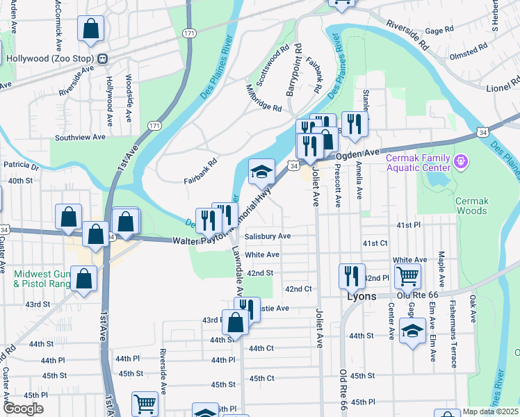 map of restaurants, bars, coffee shops, grocery stores, and more near 8155 Ogden Avenue in Lyons