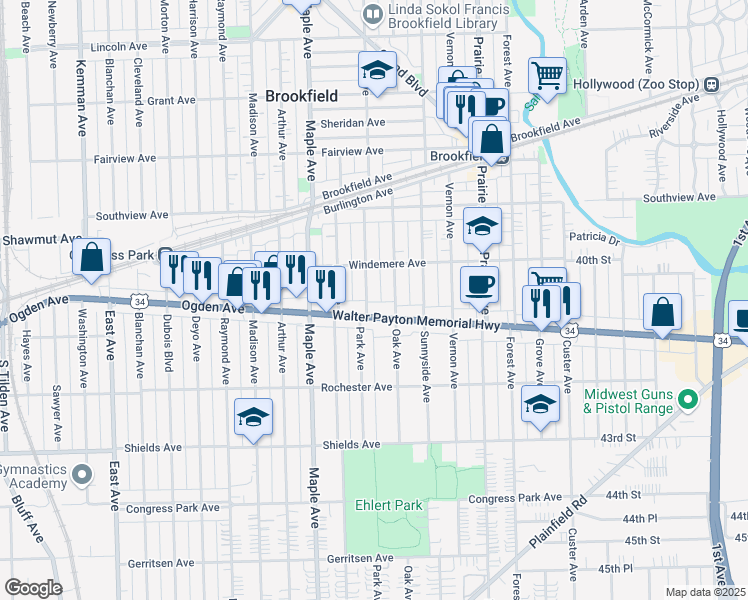 map of restaurants, bars, coffee shops, grocery stores, and more near in Brookfield