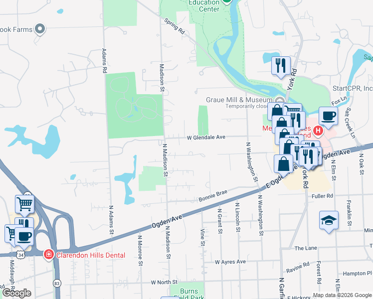 map of restaurants, bars, coffee shops, grocery stores, and more near 414 West Birchwood Road in Hinsdale