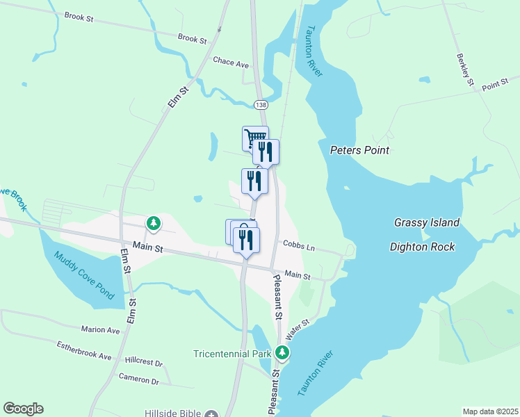 map of restaurants, bars, coffee shops, grocery stores, and more near 1975 County Street in Dighton