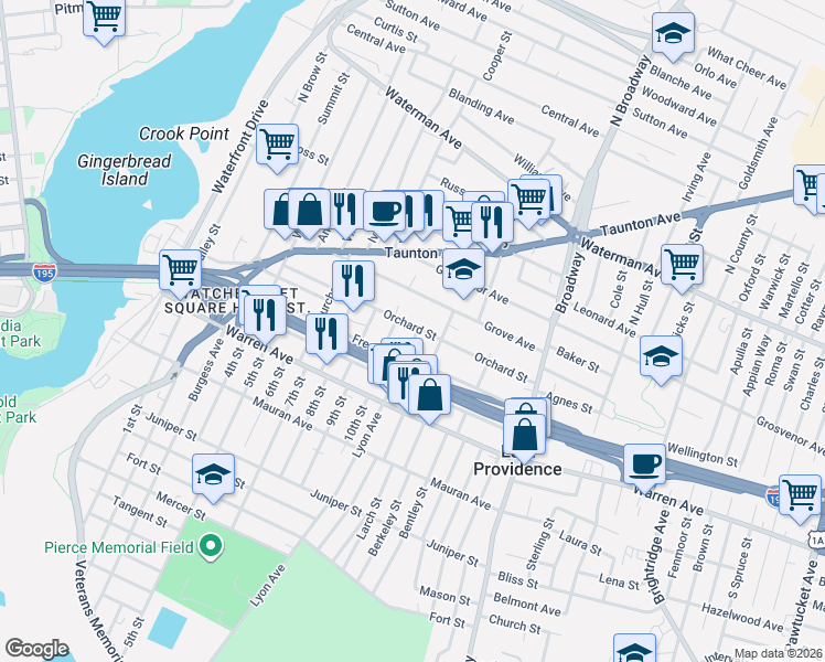map of restaurants, bars, coffee shops, grocery stores, and more near 14 Lyon Avenue in East Providence