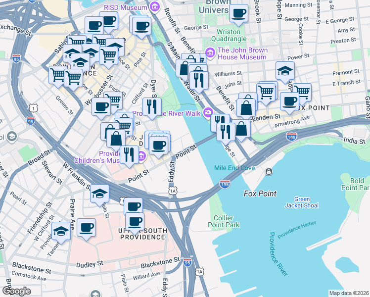 map of restaurants, bars, coffee shops, grocery stores, and more near 15 Point Street in Providence