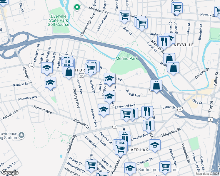 map of restaurants, bars, coffee shops, grocery stores, and more near 370 Hartford Avenue in Providence