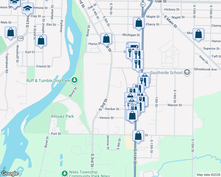 map of restaurants, bars, coffee shops, grocery stores, and more near 991 South 3rd Street in Niles