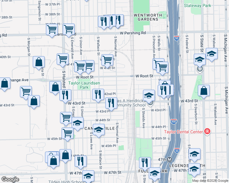 map of restaurants, bars, coffee shops, grocery stores, and more near 513 West 42nd Place in Chicago