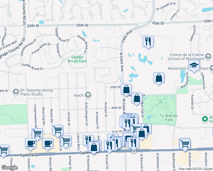 map of restaurants, bars, coffee shops, grocery stores, and more near 3900 Lincoln Street in Westmont