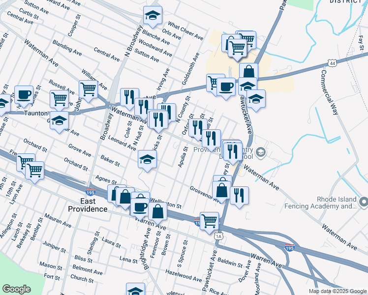 map of restaurants, bars, coffee shops, grocery stores, and more near 11 Apulia Street in East Providence