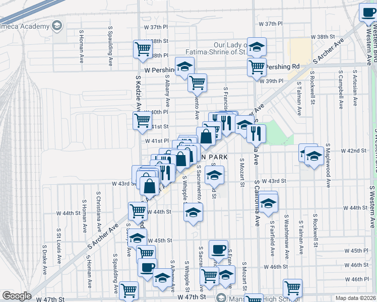map of restaurants, bars, coffee shops, grocery stores, and more near 3018 West 42nd Street in Chicago