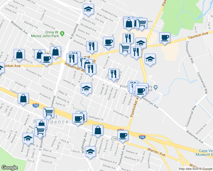 map of restaurants, bars, coffee shops, grocery stores, and more near 9 Apulia Street in East Providence