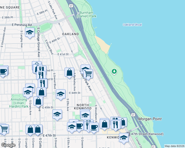 map of restaurants, bars, coffee shops, grocery stores, and more near 4220 South Michigan Avenue in Chicago