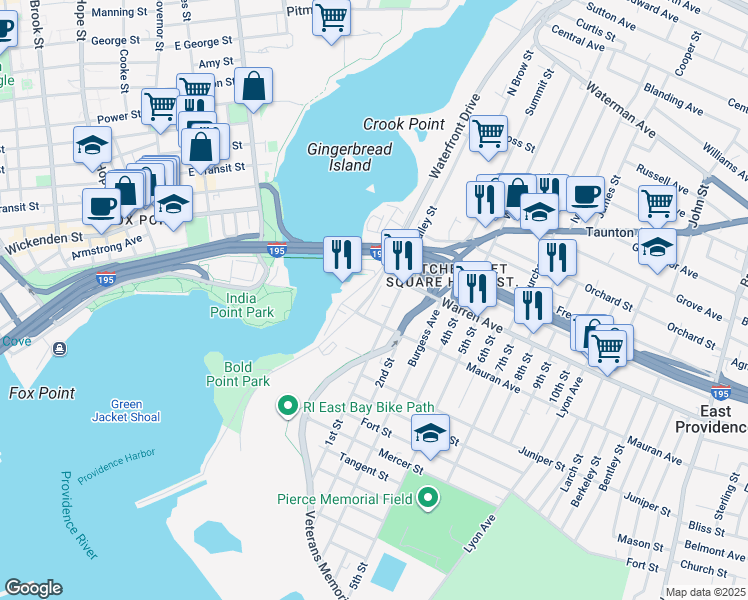 map of restaurants, bars, coffee shops, grocery stores, and more near 10 Mauran Avenue in East Providence