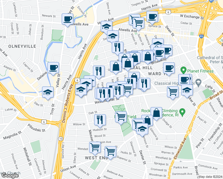 map of restaurants, bars, coffee shops, grocery stores, and more near 10 Almy Street in Providence