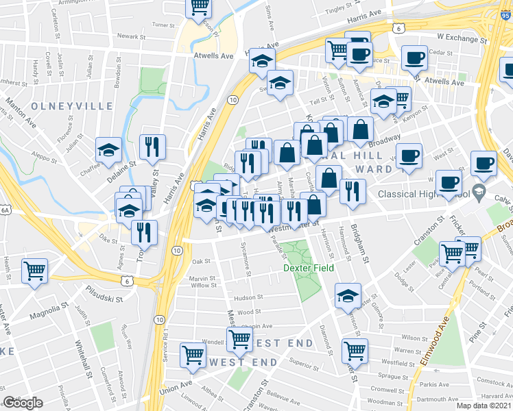 map of restaurants, bars, coffee shops, grocery stores, and more near 114 Tobey Street in Providence