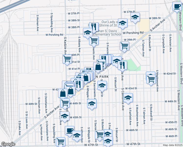 map of restaurants, bars, coffee shops, grocery stores, and more near 3021 West 42nd Street in Chicago