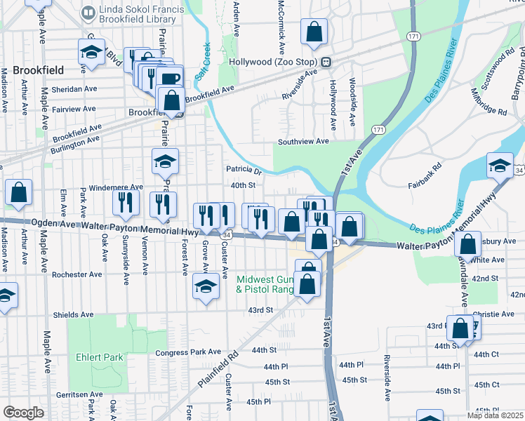 map of restaurants, bars, coffee shops, grocery stores, and more near 4044 Konrad Avenue in Lyons