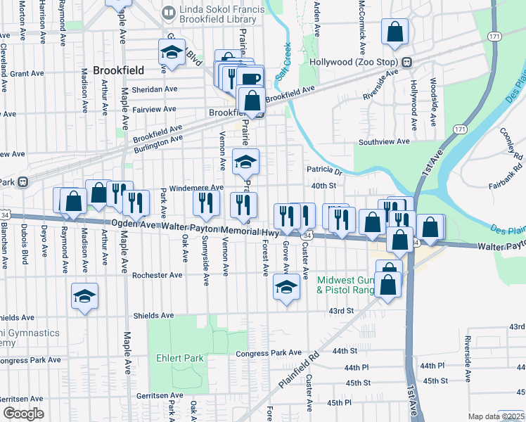 map of restaurants, bars, coffee shops, grocery stores, and more near 4038 Forest Avenue in Brookfield