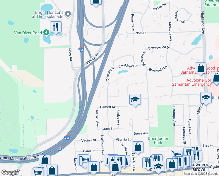 map of restaurants, bars, coffee shops, grocery stores, and more near 3835 Downers Drive in Downers Grove