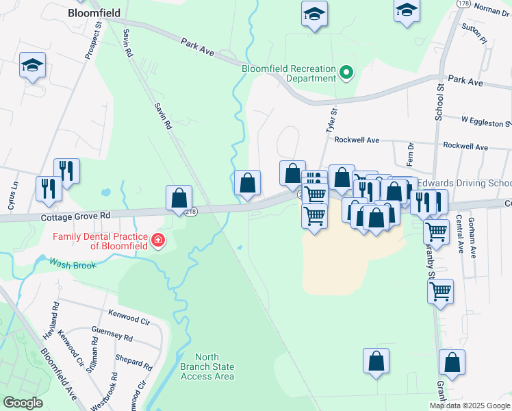 map of restaurants, bars, coffee shops, grocery stores, and more near Rte 218 in Bloomfield