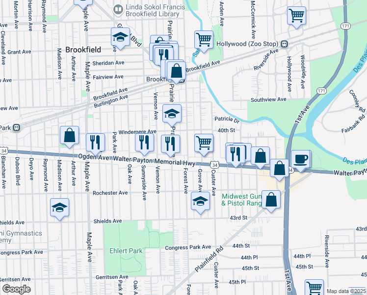 map of restaurants, bars, coffee shops, grocery stores, and more near 4038 Forest Avenue in Brookfield