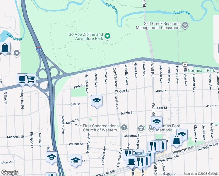map of restaurants, bars, coffee shops, grocery stores, and more near 3948 Grove Avenue in Western Springs