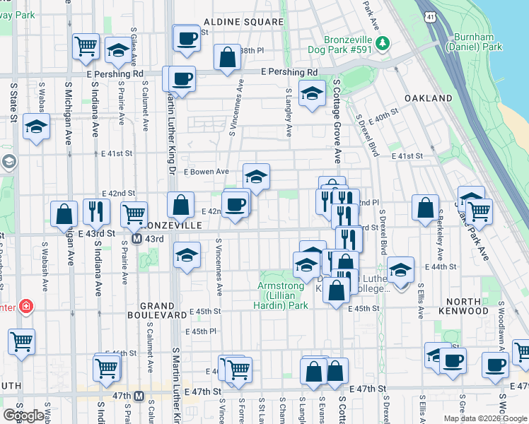 map of restaurants, bars, coffee shops, grocery stores, and more near 4250 South Saint Lawrence Avenue in Chicago