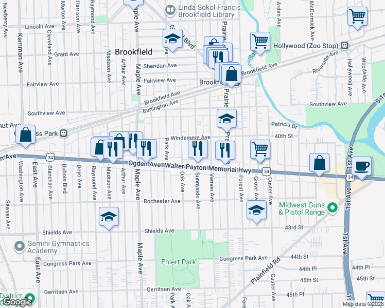 map of restaurants, bars, coffee shops, grocery stores, and more near 9018 Ogden Avenue in Brookfield