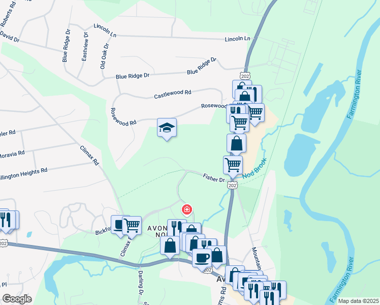 map of restaurants, bars, coffee shops, grocery stores, and more near 100 Fisher Drive in Avon