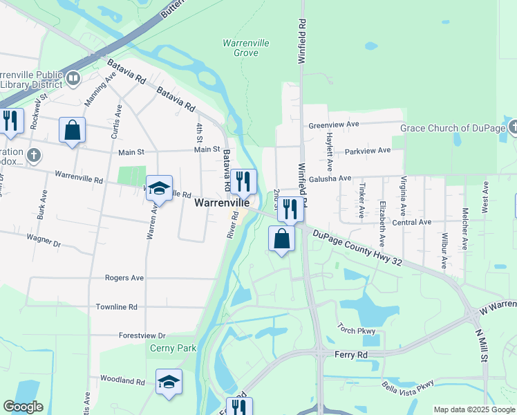 map of restaurants, bars, coffee shops, grocery stores, and more near 28W210 Warrenville Road in Warrenville