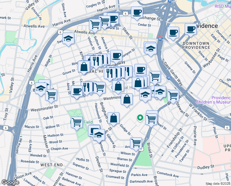 map of restaurants, bars, coffee shops, grocery stores, and more near 36 Westminster Street in Providence