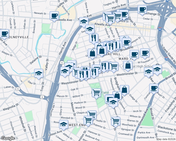 map of restaurants, bars, coffee shops, grocery stores, and more near 10 Almy Street in Providence