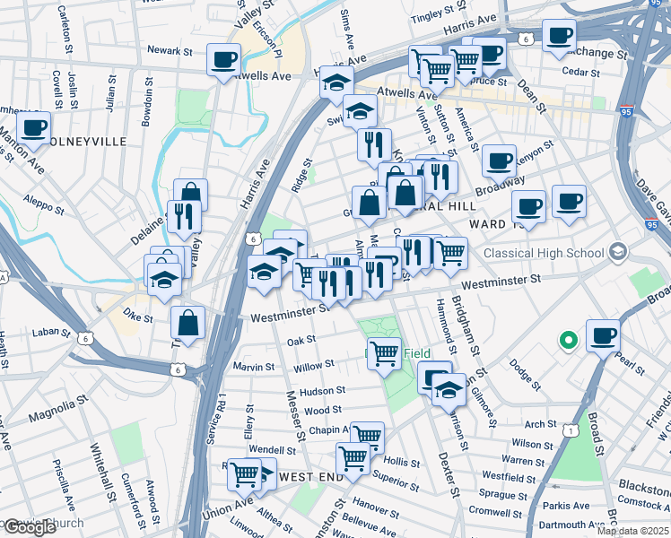 map of restaurants, bars, coffee shops, grocery stores, and more near 114 Tobey Street in Providence