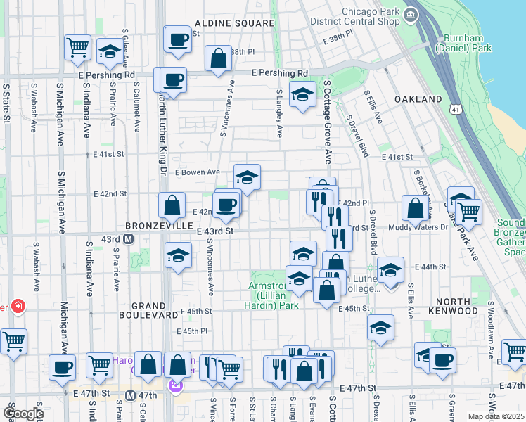 map of restaurants, bars, coffee shops, grocery stores, and more near 624 East 43rd Street in Chicago