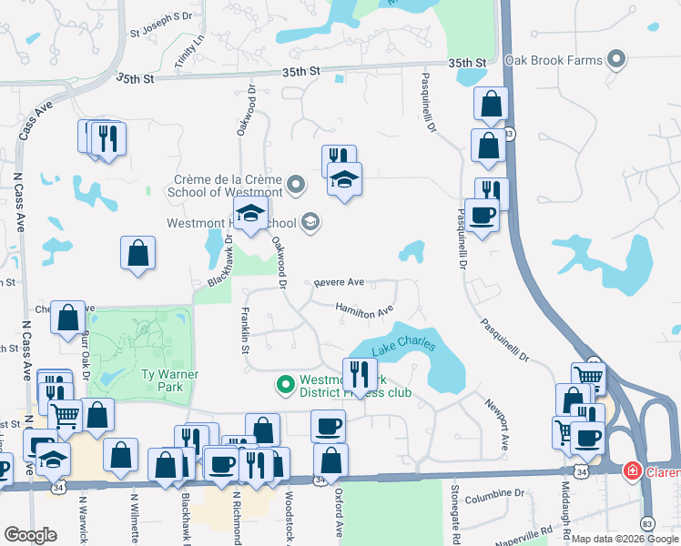map of restaurants, bars, coffee shops, grocery stores, and more near 525 Revere Avenue in Westmont
