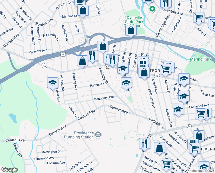 map of restaurants, bars, coffee shops, grocery stores, and more near 284 Killingly Street in Providence