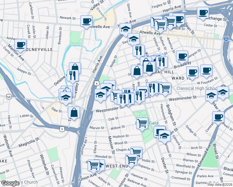 map of restaurants, bars, coffee shops, grocery stores, and more near 114 Tobey Street in Providence