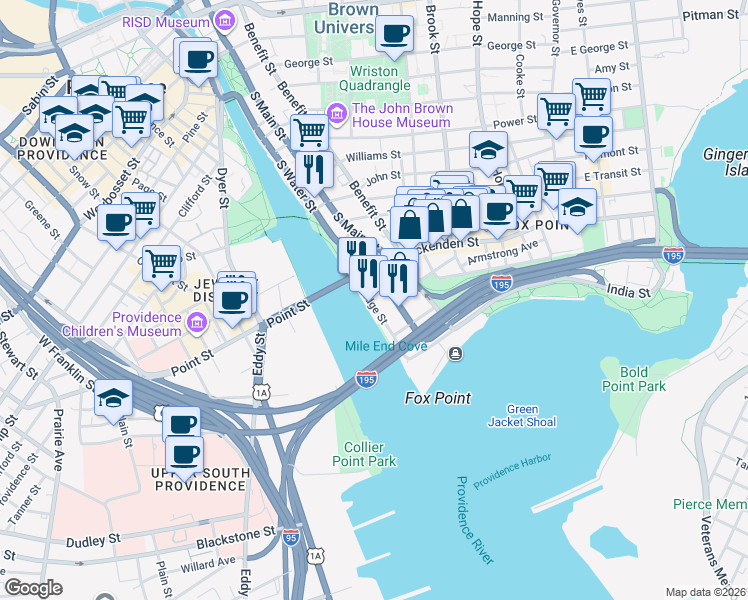 map of restaurants, bars, coffee shops, grocery stores, and more near 555 South Water Street in Providence