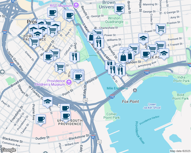 map of restaurants, bars, coffee shops, grocery stores, and more near 11 Point Street in Providence
