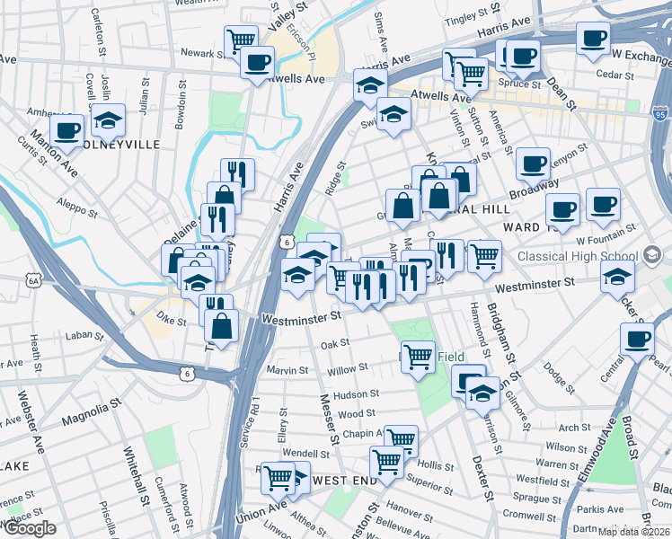 map of restaurants, bars, coffee shops, grocery stores, and more near 49 Bainbridge Avenue in Providence