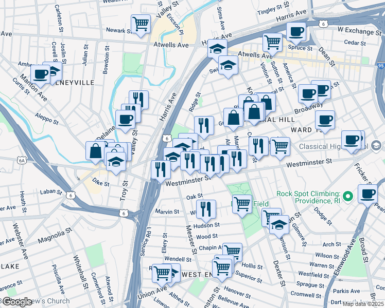 map of restaurants, bars, coffee shops, grocery stores, and more near 49 Bainbridge Avenue in Providence