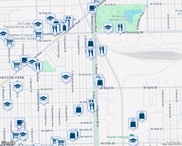 map of restaurants, bars, coffee shops, grocery stores, and more near 4215 South Artesian Avenue in Chicago